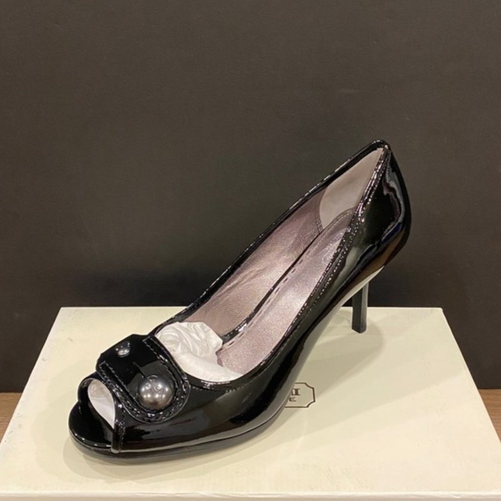 Coach Dorita Soft Patent Leather Black Open Toe Sandals Shoes Heels Pumps NEW